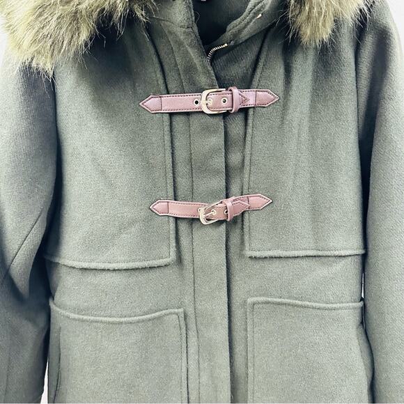 Coffeeshop Emmalise Wool Blend Jacket Green Faux Fur Hood Front Buckle Sz S - Picture 4 of 11